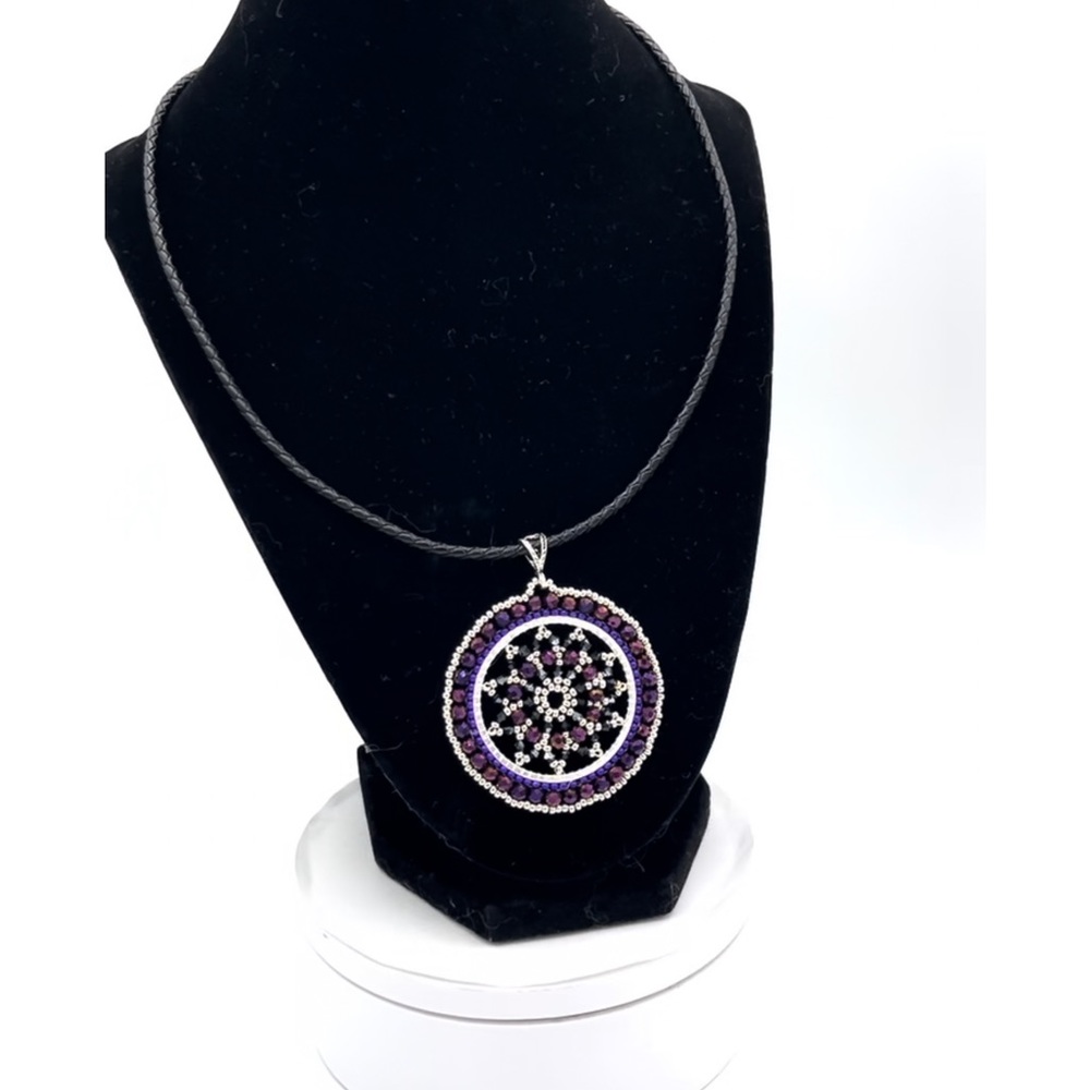 Hand Crafted Purple and Black Beaded Mandala Necklace